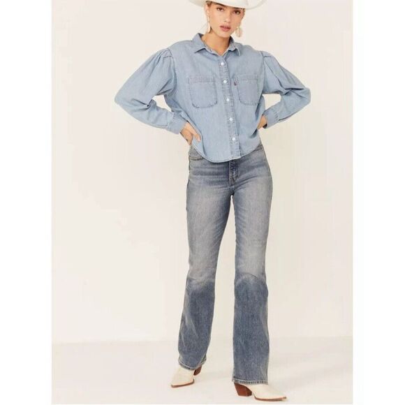 Levis Women's Kinsley Denim‎ Utility Shirt Blue A0846 Small long Sleeve Ruffle - Picture 1 of 10